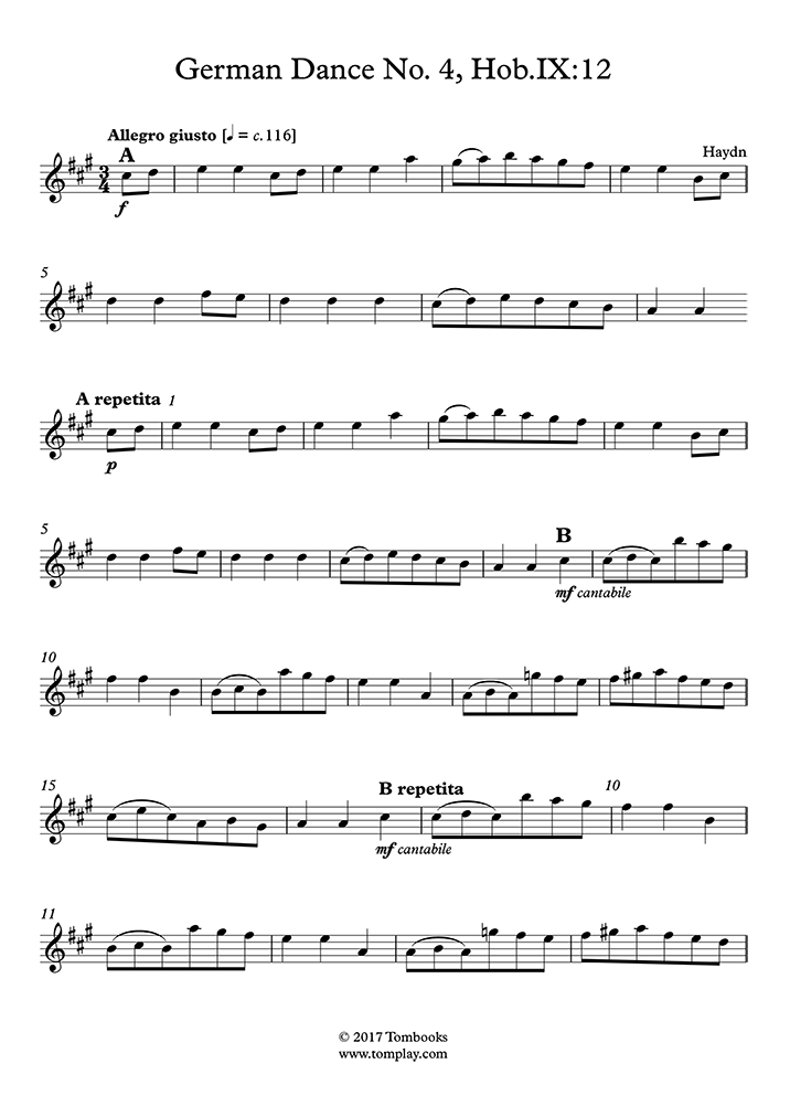 Violin Sheet Music German Dance No Hob Ix Haydn